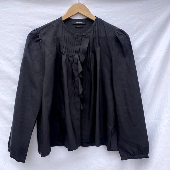 Isabel Marant Long-Sleeve Pintuck-Ruffle Blouse Black - Picture 2 of 8